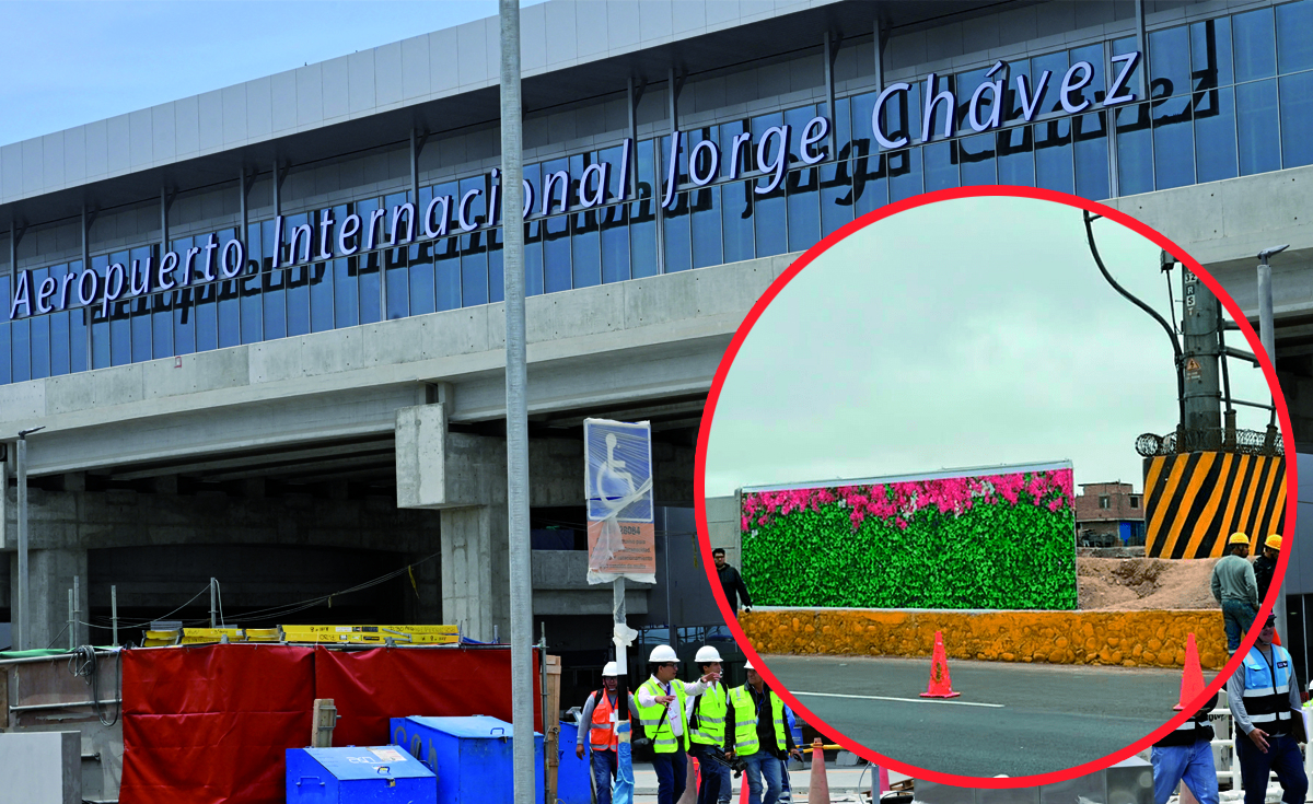 Giant billboards with flowers placed to simulate green areas around the new Jorge Chavez Airport